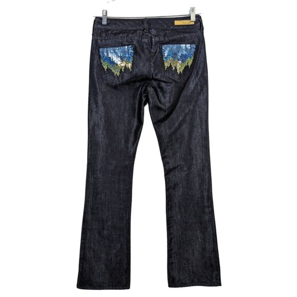 Express Boot Leg Stella glittery sequins mid rise dark blue jeans sz 2 Length 34 - Picture 2 of 5